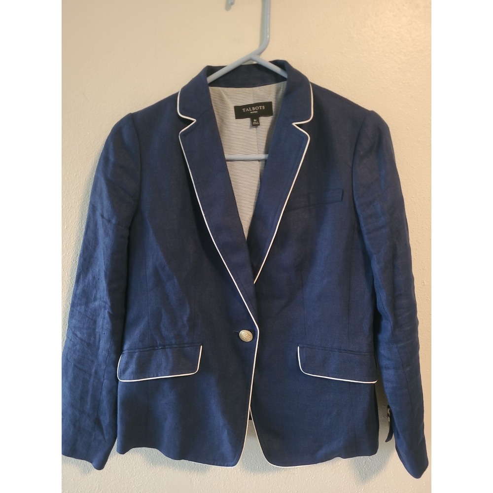 Talbots 100% Linen Blazer Navy Blue Nautical Academia Preppy Sailor Sz 6P